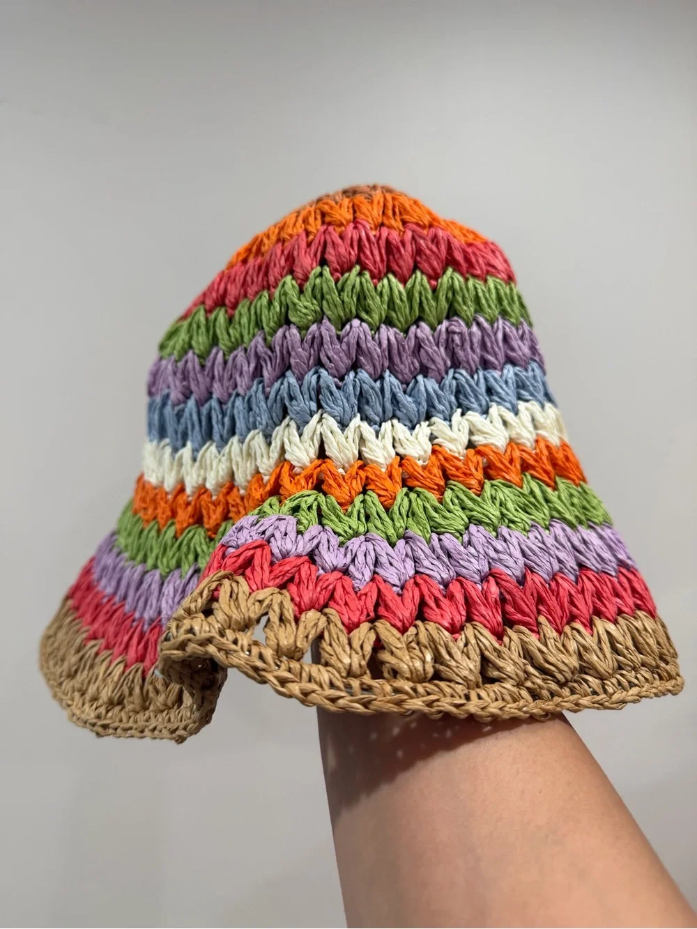 Handwoven Multicolor Crochet Bucket Hat with Natural Brim